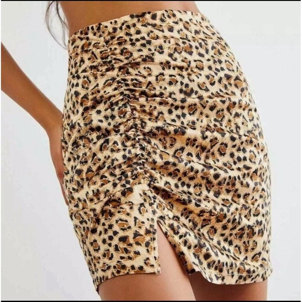 Free People Ruched Avas Satin Mini Skirt Women's 12 Leopard Animal Print Y2K